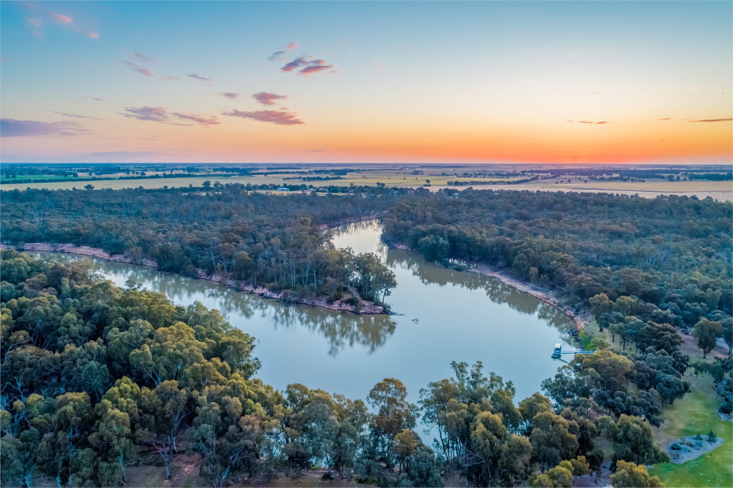 Murray River at sunset - aerial view;