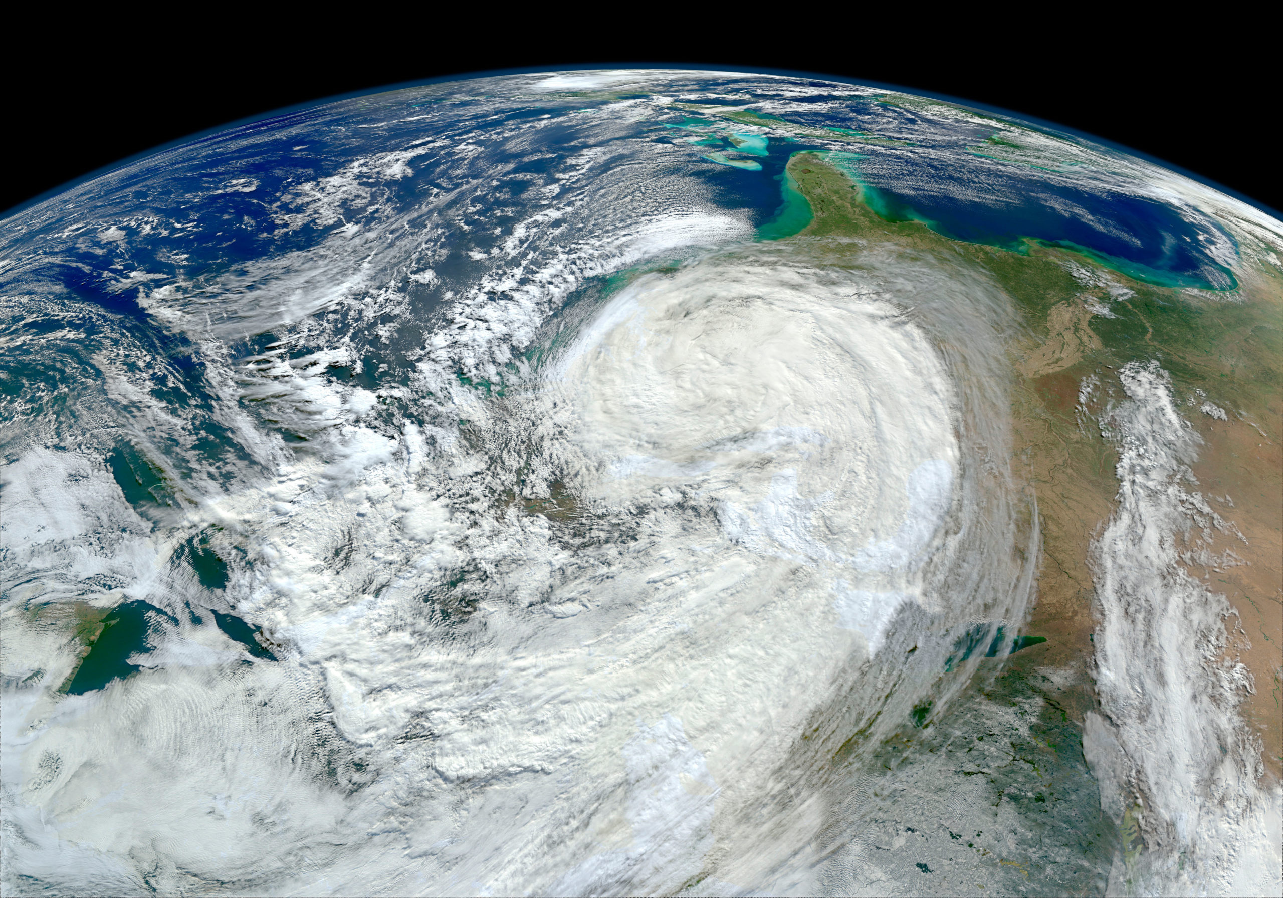 Satellite view of Hurricane Sandy along the East Coast of the United States.;