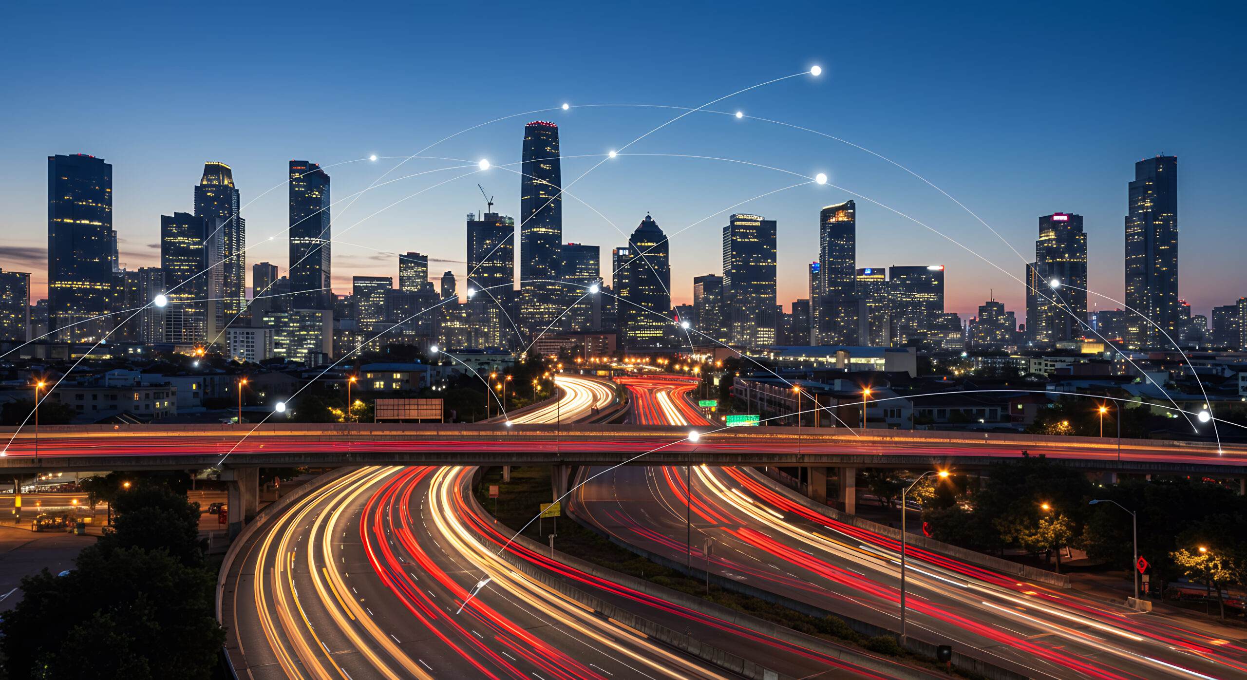 Houston's Skyline at Dusk: Connecting the Future with Tech, Traffic, & Modernity in a Vibrant Urban Landscape!